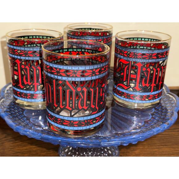 Set of 4 Vintage Houze "Happy Holidays" Stained Glass 4” Barware Lowball Glasses - Picture 5 of 6